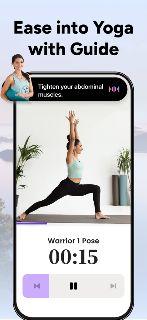 Yoga for Beginners, Pilates+ - Pantalla de smartphone que muestra una sesión de yoga guiada con la Postura del Guerrero 1 y indicaciones de voz.