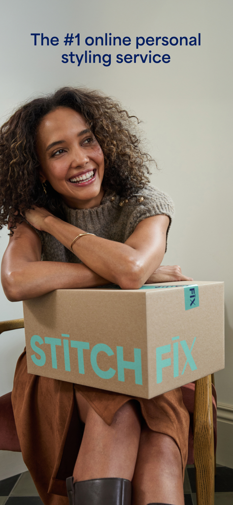 Stitch Fix - Personal Styling - A smiling woman leaning on a Stitch Fix delivery box with text promoting the personal styling service