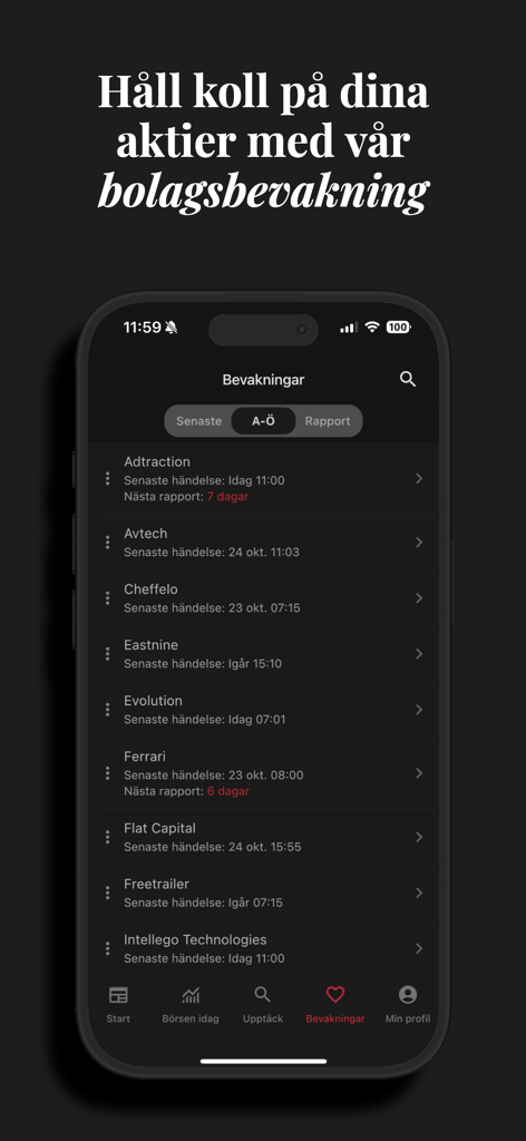 Börskollen: Aktier & Börsen - Pantalla de smartphone que muestra una lista de seguimiento de acciones con nombres de empresas y actualizaciones de eventos recientes en la aplicación Börskollen.