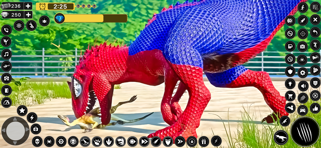 Dinosaur Monster City Rampage - Un dinosaurio rojo y azul atacando a una presa en un juego de acción 3D