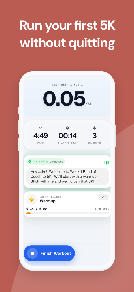 Stride AI: C25K Run Buddy - A mobile app screenshot showing a 5K training session with an AI coach giving motivational real-time guidance during a warmup run.
