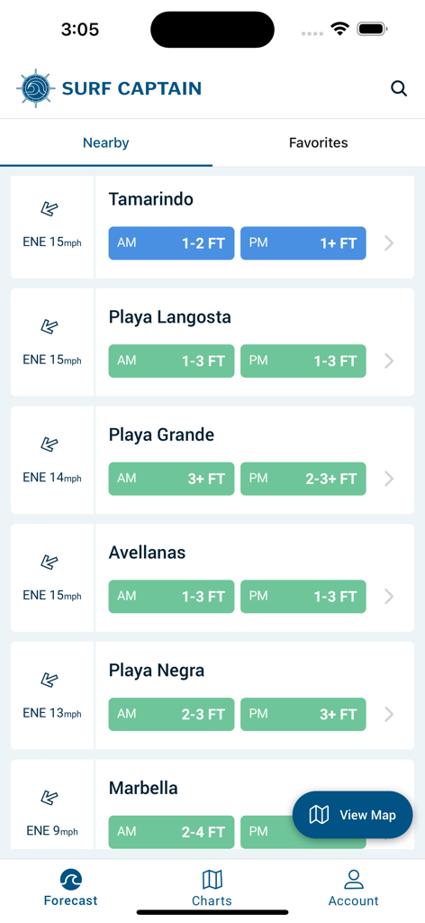 Surf Captain - Surf Captain app displaying nearby surf forecasts for various beaches including wave height and wind speed