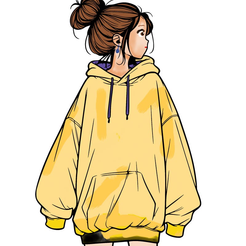 realistic girl with a oversized sweatshirt on and a bun
