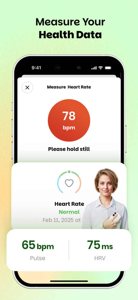 Wellify - Simplify Wellness - Wellifyアプリのインターフェース。心拍数とHRV測定データを表示。