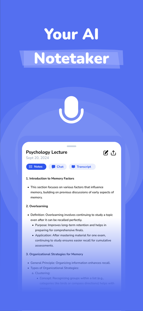 Coursology AI Notetaker interface displaying structured psychology lecture notes with bullet points and definitions
