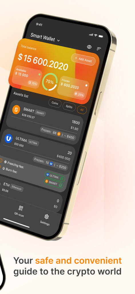 Smart Wallet App - Smart Wallet app interface showing total crypto balance and asset list on iPhone