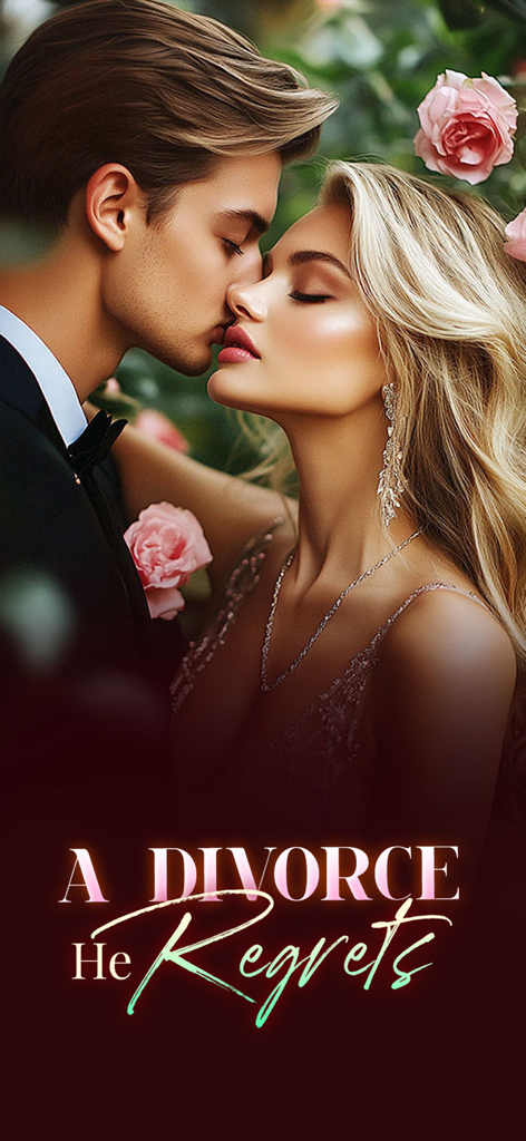 Buchcover für einen Liebesroman mit dem Titel 'A Divorce He Regrets', das ein Paar zeigt, das sich inmitten roter Rosen küssen will.