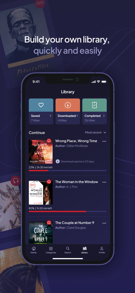 Voxa app library screen showing saved and downloaded audiobooks with progress tracking