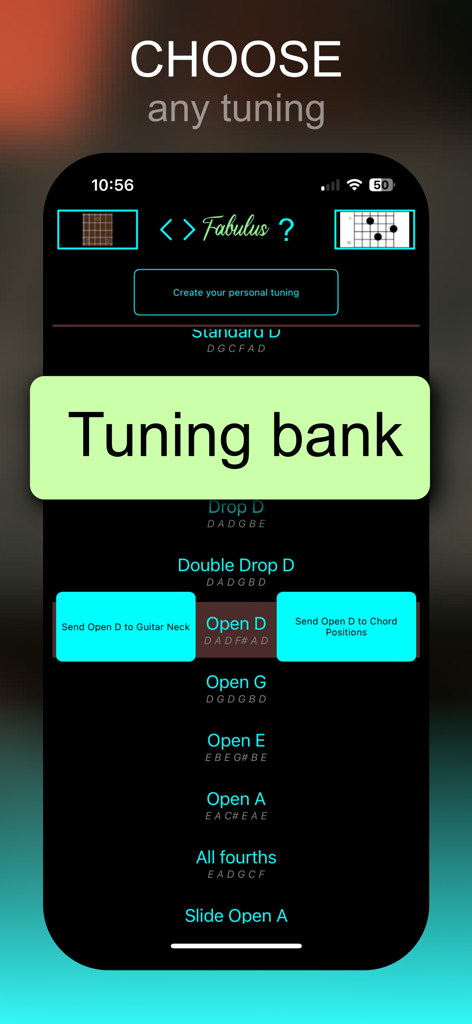 Guitar Chord Finder Fretboard - Tela mostrando uma variedade de opções de afinação de guitarra como Open D e Drop D no banco de afinações do aplicativo Fabulus