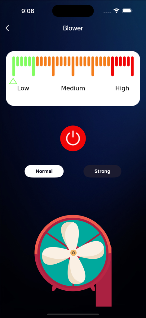 Speaker Cleaner: Boost Volume - Speaker cleaner app blower feature with low medium and high intensity levels and a fan illustration