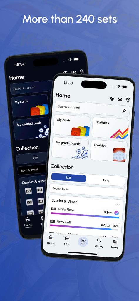 Tela inicial do aplicativo Pokécardex mostrando o rastreamento da coleção de cartas Pokémon e mais de 240 conjuntos.
