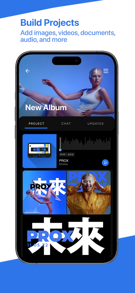 FYI.AI (Focus Your Ideas) - FYI.AI app screen showing a creative project called New Album with audio and image files