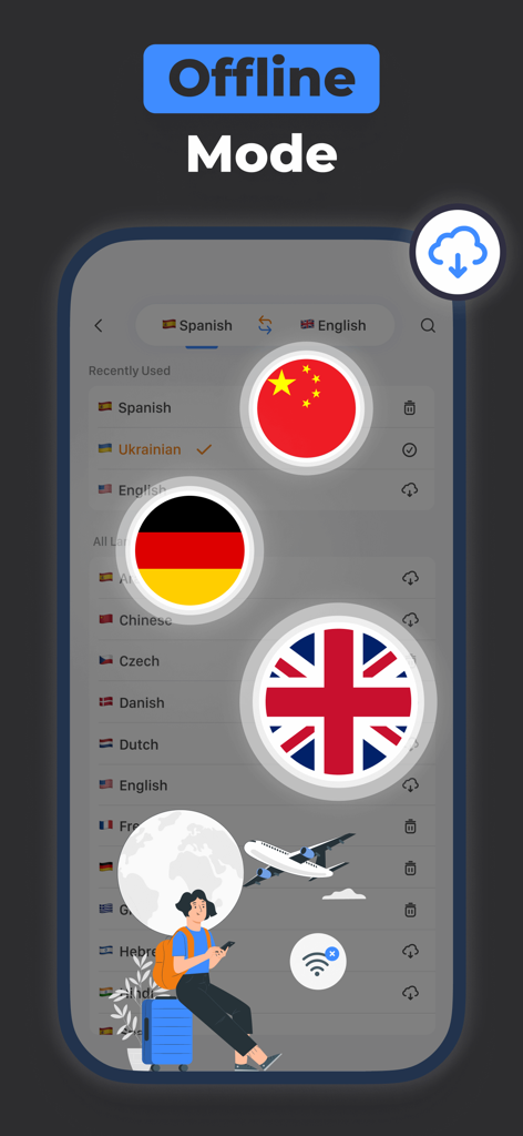 AI Translator – Voice & Camera - Interfaz de la aplicación Traductor IA destacando la función de modo sin conexión para viajeros con opciones de descarga de idiomas.