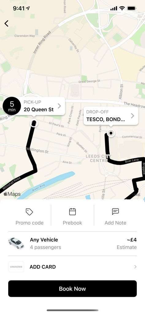 Roadrunners Leeds - Roadrunners Leeds mobile app screen showing a taxi booking with a map route and price estimate