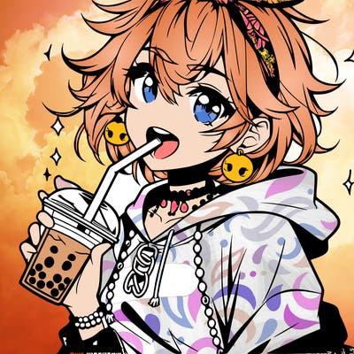 hot baddie anime girl drinking boba and biting the straw