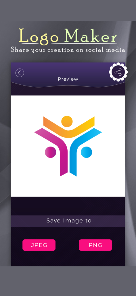 Logo Creator : Best Logo Maker - Interfaz que muestra una vista previa del logo con botones de exportación para JPEG y PNG