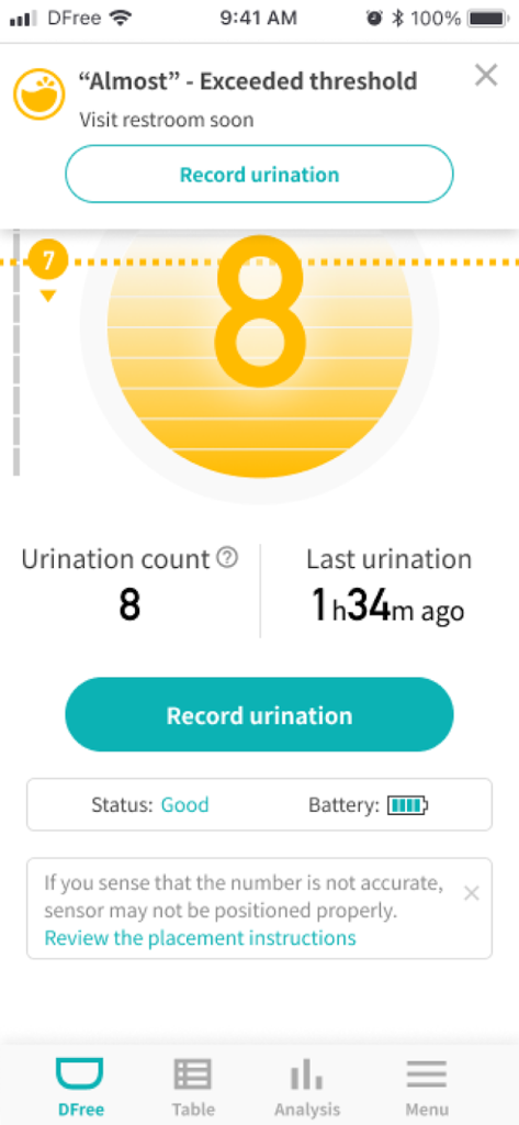 DFree Personal - DFree Personal app screen showing bladder fullness level and visit restroom notification