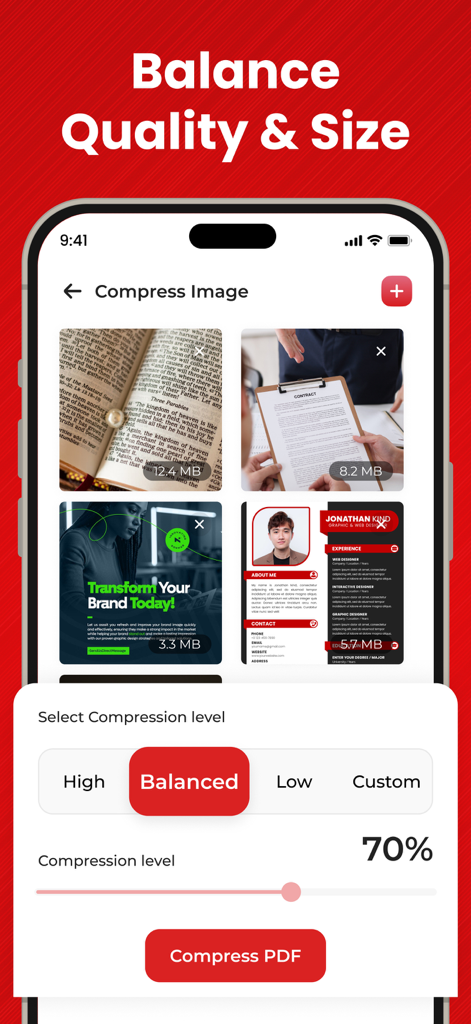 PDF Compressor－Compress PDF - Interfaz de la aplicación PDF Compressor que muestra la opción de seleccionar un nivel de compresión equilibrado para varios archivos de documentos.
