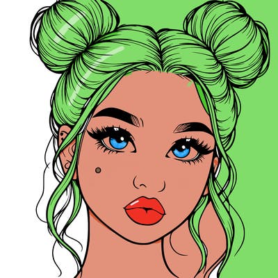 realistic girl with two buns on her hair and lips