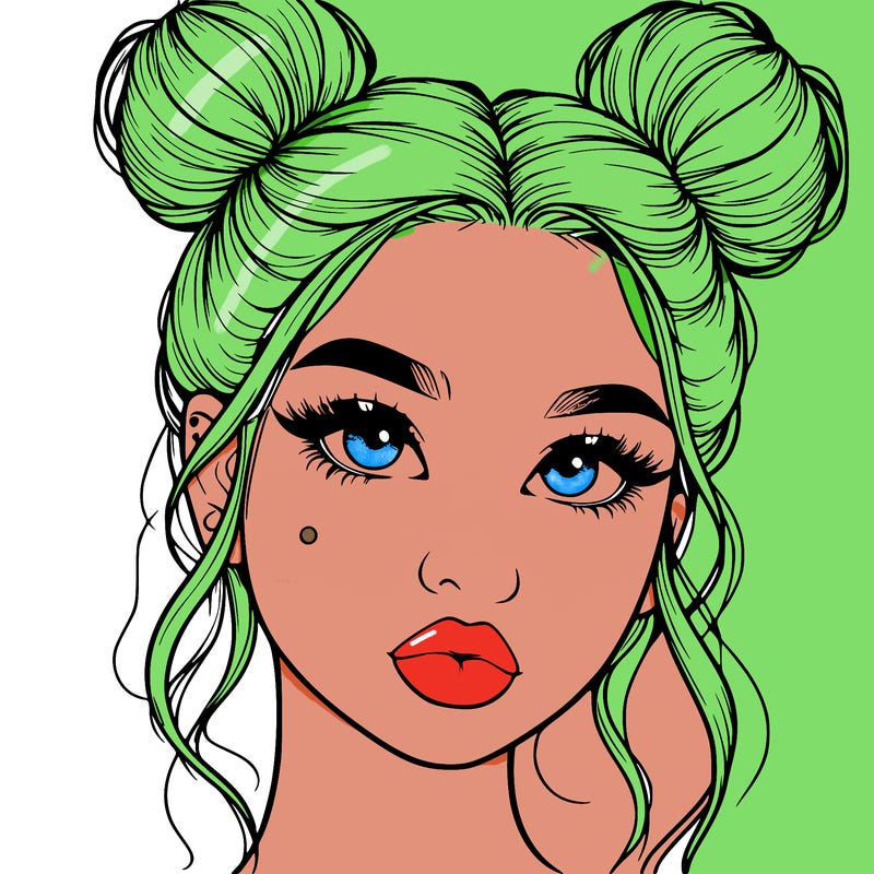 realistic girl with two buns on her hair and lips