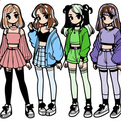 one girl with crop-top shirt and a jacket with a skirt, long socks and another girl with a shirt and pants with a jacket