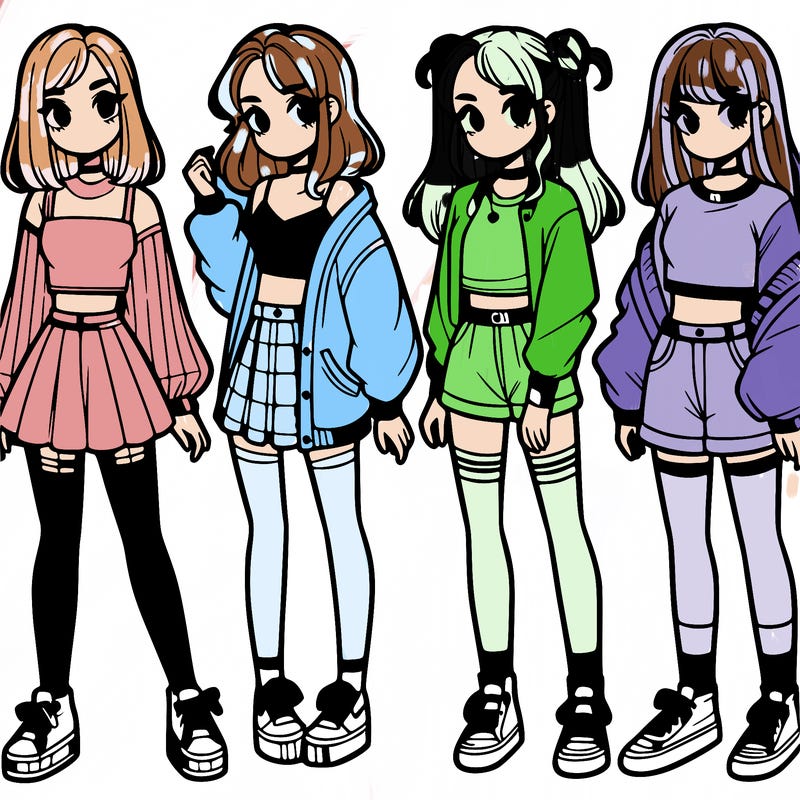 one girl with crop-top shirt and a jacket with a skirt, long socks and another girl with a shirt and pants with a jacket