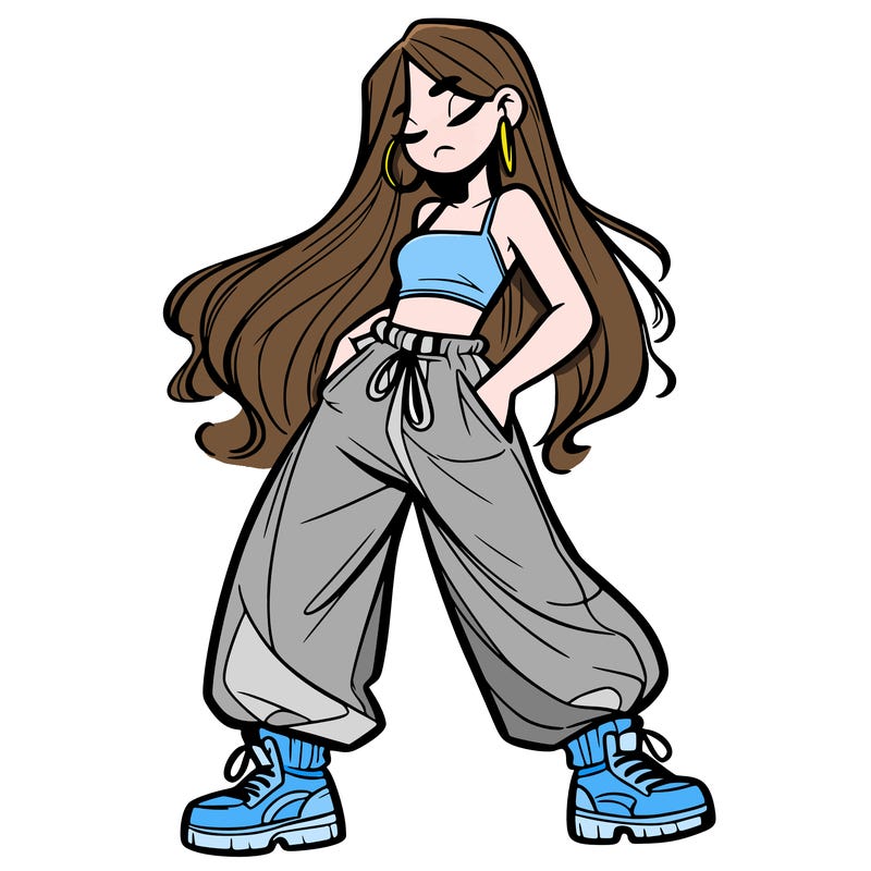 girl in baggy pants crop top and long hair