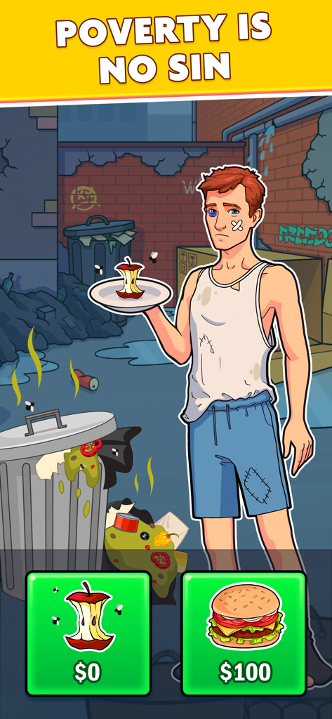 A character in a back alley choosing between a free apple core and a one hundred dollar burger in a business life simulator game