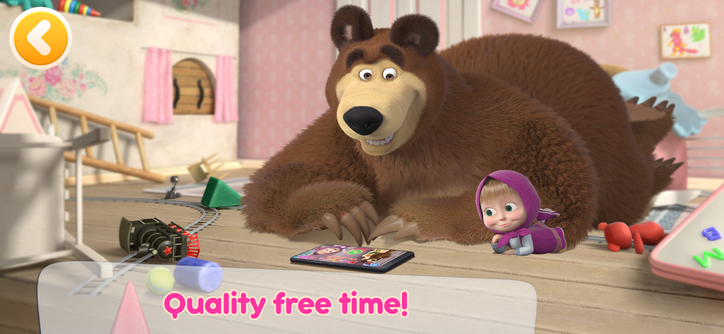 Masha y el Oso jugando juegos educativos en una tablet