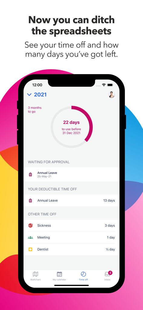 Timetastic app interface displaying annual leave balance and time off history