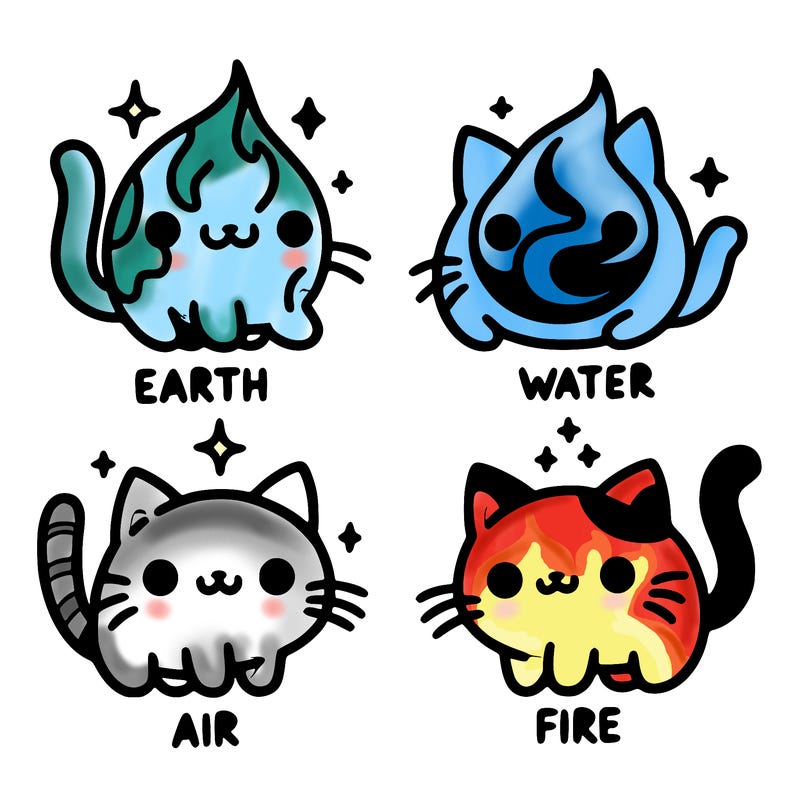 4 cats that represent the different elements, earth, water, air, and fire