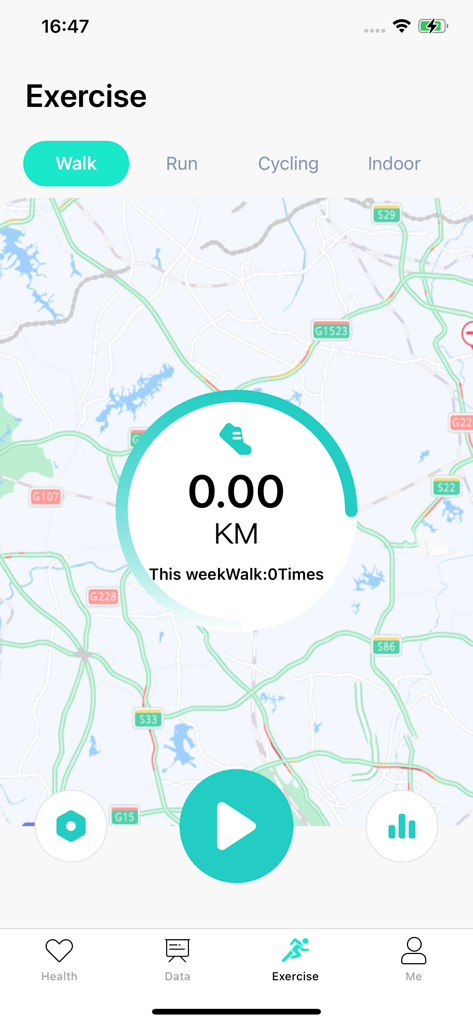 HryFine app exercise screen showing walking activity tracking and map view