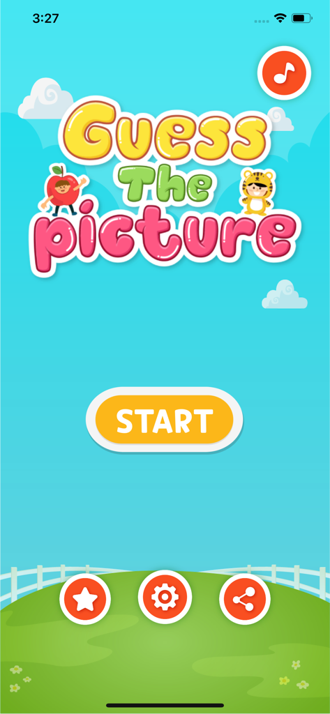 Guess the Picture Quiz Game - The main menu of the Guess the Picture Quiz Game app featuring a large start button and colorful cartoon characters.