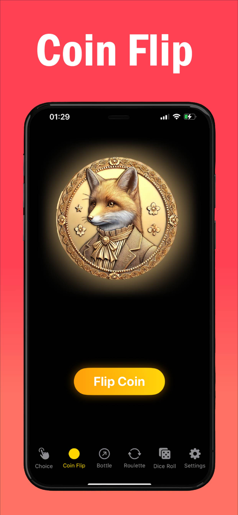 Chooser - Finger Picker - Coin flip feature in the Chooser app showing a golden coin with a fox character and a flip button.