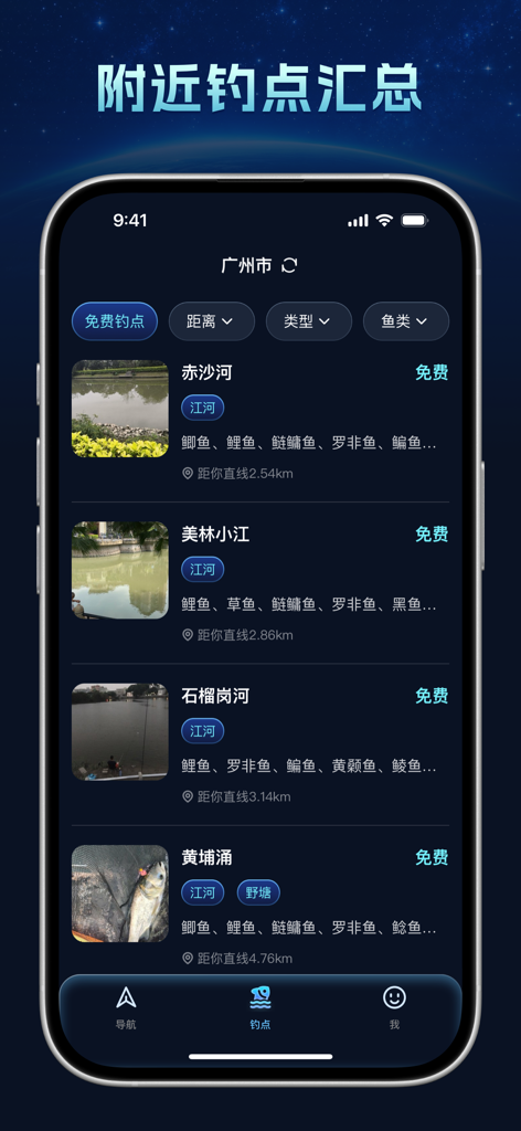 Screenshot of the Easy Smart Navigation app interface showing a list of nearby fishing spots with photos and distance details