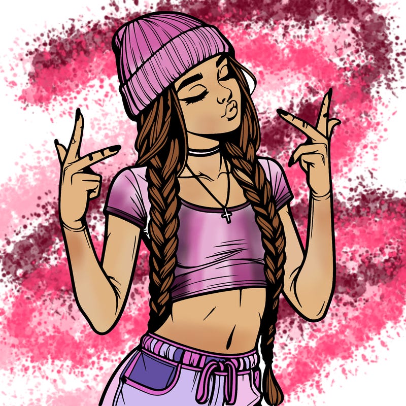 realistic teenage girl with braids and a beanie and crop top doing 🫶🏼