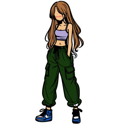 girl in baggy pants crop top and long hair