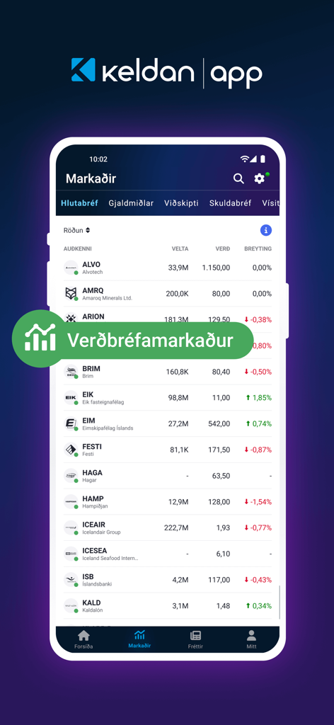 Keldan App - 실시간 가격 업데이트와 시장 데이터를 포함한 아이슬란드 주식 시장 주식을 보여주는 Keldan 앱 모바일 인터페이스
