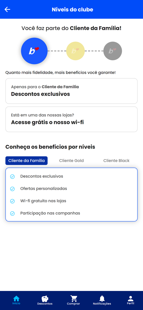 Barbosa Supermercados - Barbosa Supermercados app loyalty club screen showing membership levels and exclusive benefits.