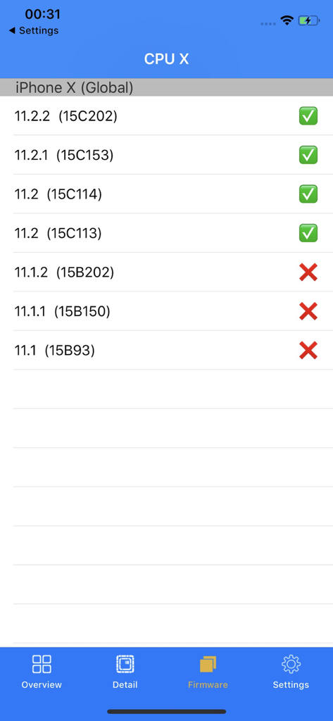 CPU X - Firmware status list for iPhone X in the CPU X app