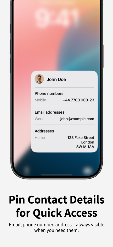 quicklook multitasking - 簡単な参照のために、電話番号やメールアドレスなどの連絡先詳細が表示されたフローティングウィンドウを示すiPhone画面