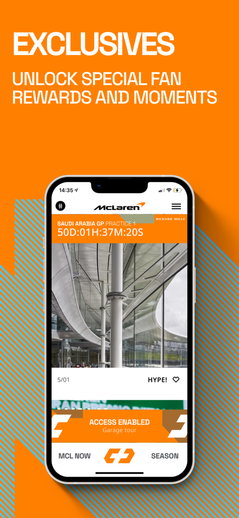 Captura de pantalla de la app de McLaren Racing mostrando recompensas exclusivas para fans y un temporizador de cuenta regresiva para la carrera