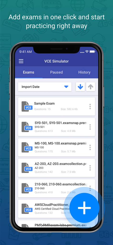 VCE Simulator - VCE Simulator app screen showing a list of imported IT certification exams ready for study