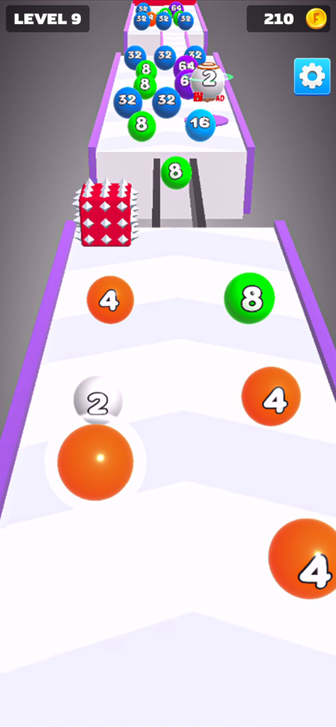 Gameplay of Ball Merge 3D showing numbered balls and obstacles on a running track