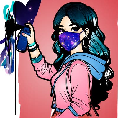 realistic girl with mask spray painting a wall
