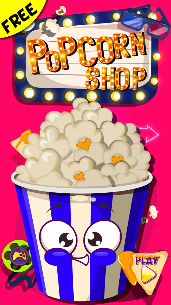 Popcorn Shop game start screen featuring a cute cartoon popcorn bucket and a movie cinema theme