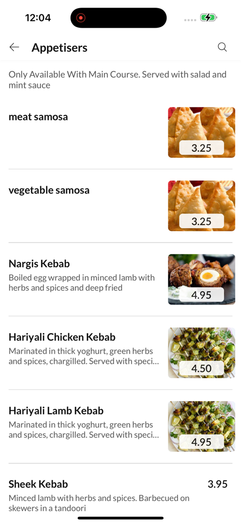 Bahar - Bahar app appetisers menu showing samosas and kebabs with prices