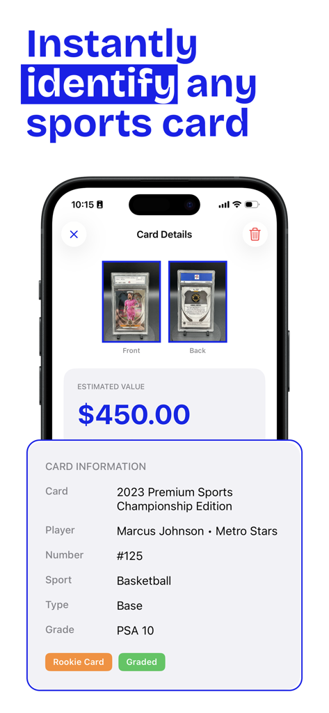 Ladder: Sports Card Scanner - Ladder app screen displaying the 450 dollar estimated value and details of a scanned basketball rookie card.