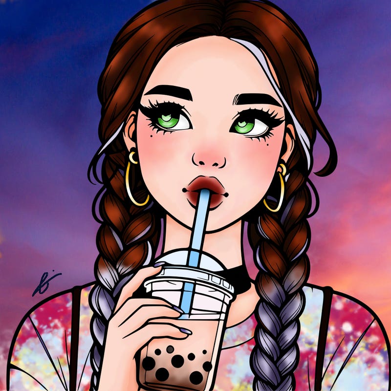 realistic girl with braided hair drinking boba