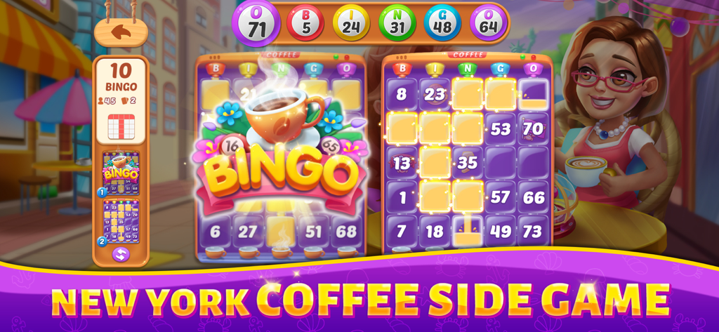 Bingo Rush - Club Bingo Games - Bingo Rush mobile game interface showing the New York Coffee themed bingo side game with multiple cards and a cartoon character enjoying coffee